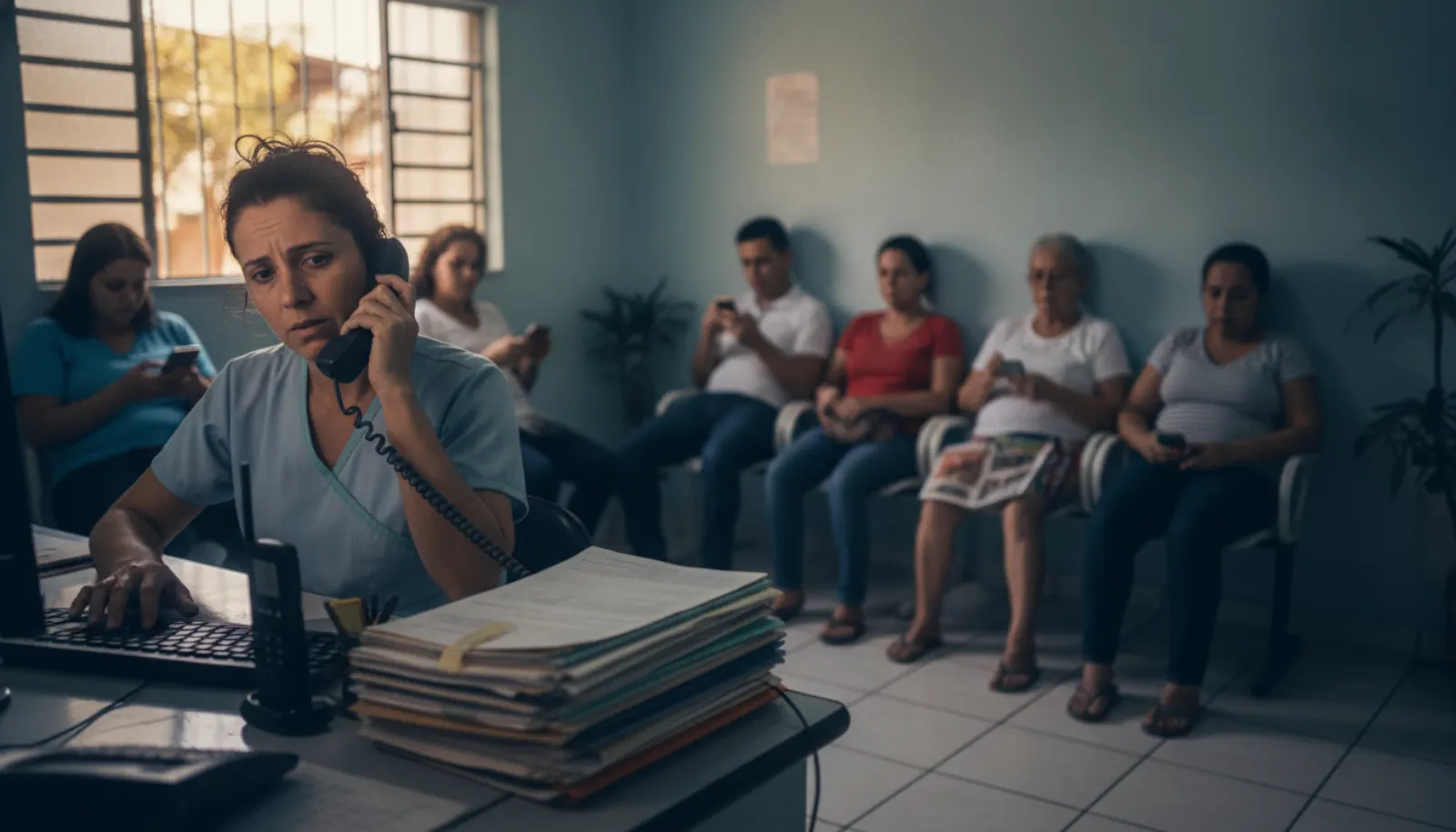Recepcionista sobrecarregada ao telefone, com pacientes esperando atrás